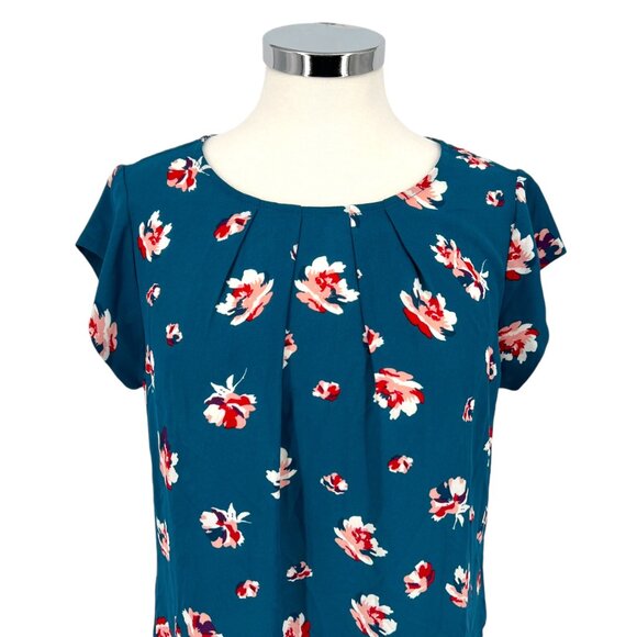 41 Hawthorn Floral Cap Sleeve Blouse Teal Blue Red Size Petite Small NWT - Picture 2 of 9